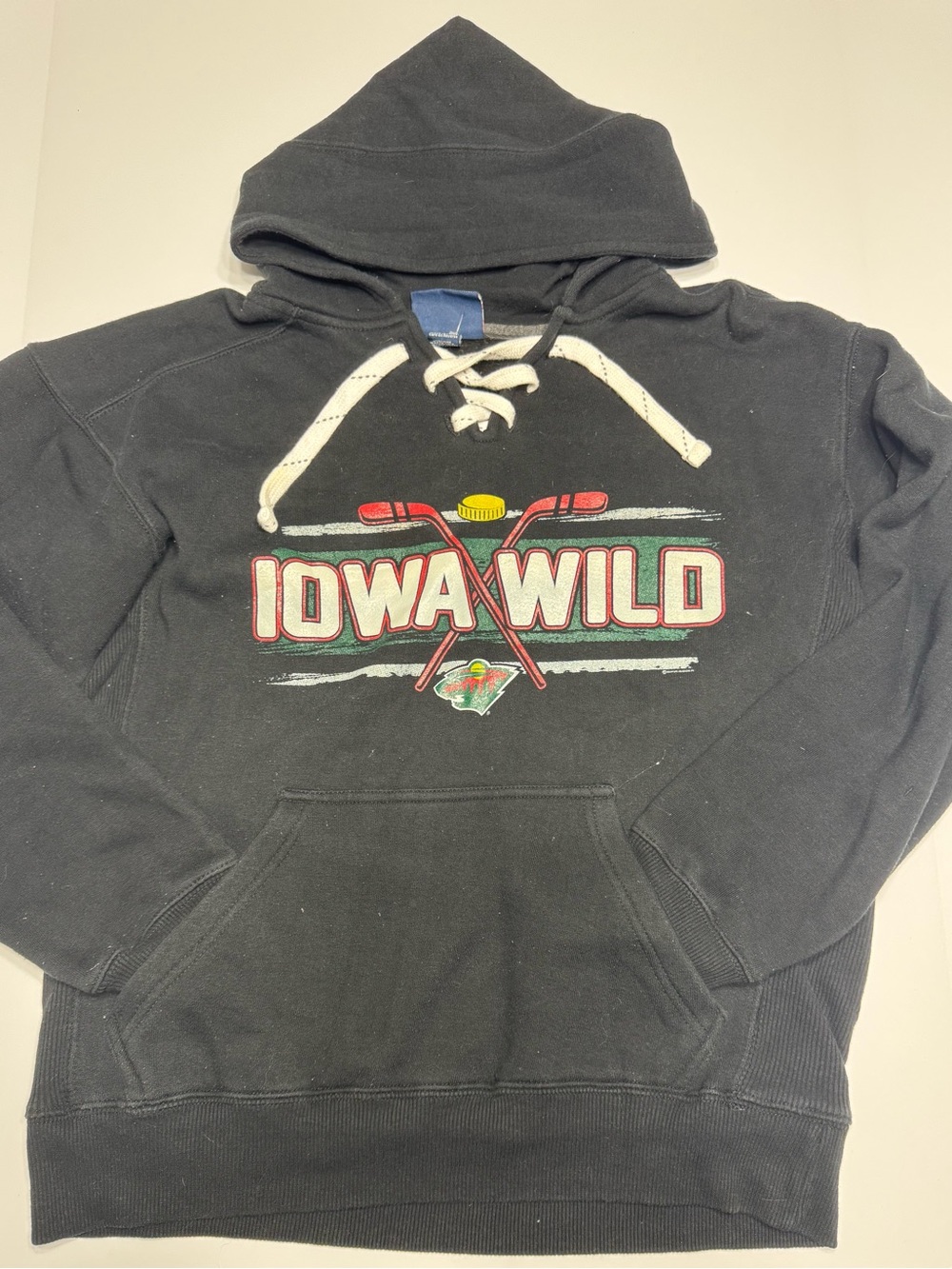 NHL Iowa Wild Black Crewneck Hoodie with Lace-Up Neck